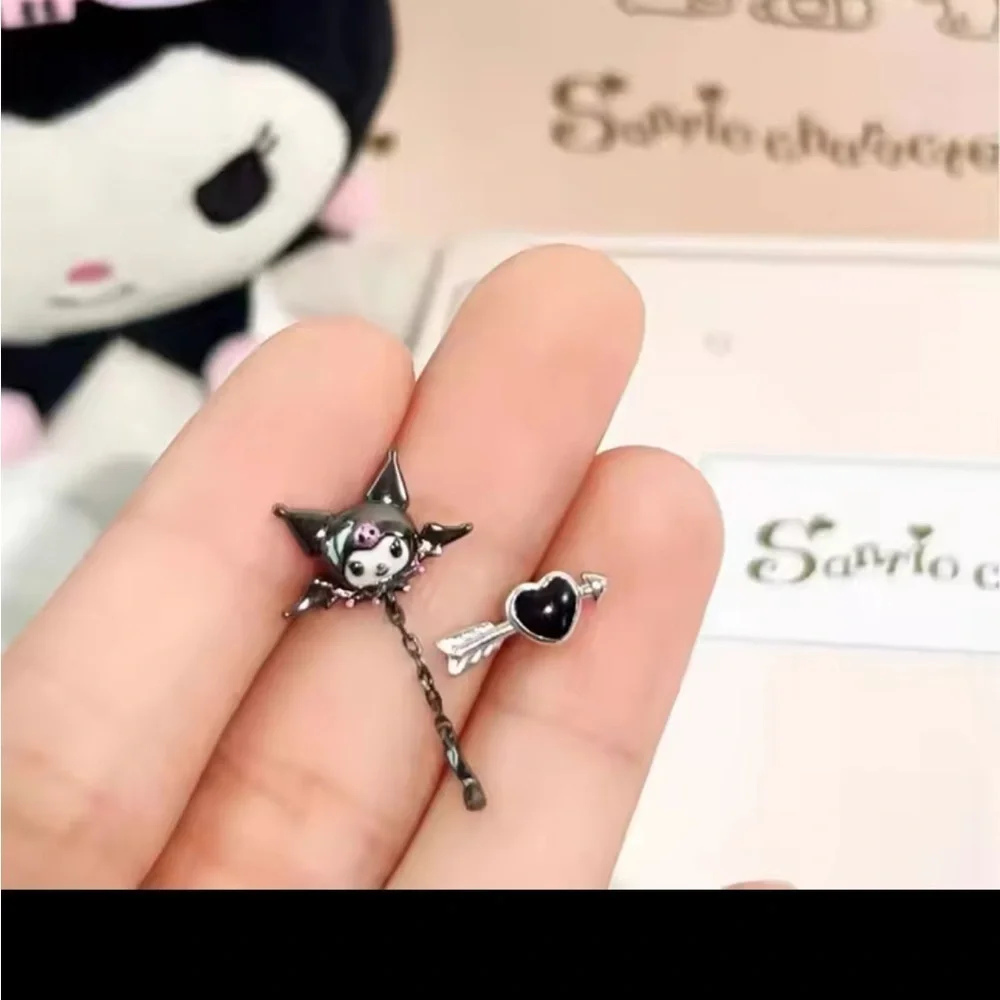 925 Sterling Silver Plated Kuromi Bat Wings Arrow & Heart Mismatch Stud Earrings